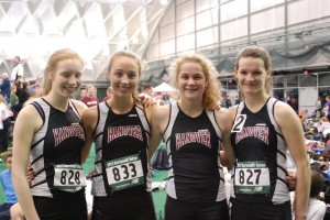 The 4X400m Girls’ Relay Team at Dartmouth Relays. Left to Right: Sophie Bartels, Sophie Lubrano, Claire Messersmith, and Aidan Bardos. 
Photo Courtesy: Aparna Alavilli